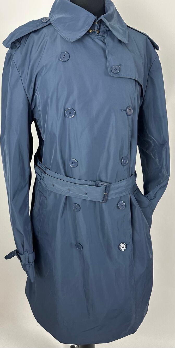 Norma Kamali Slate Blue Double-Breasted Belted Trench Raincoat Jacket Womens XL